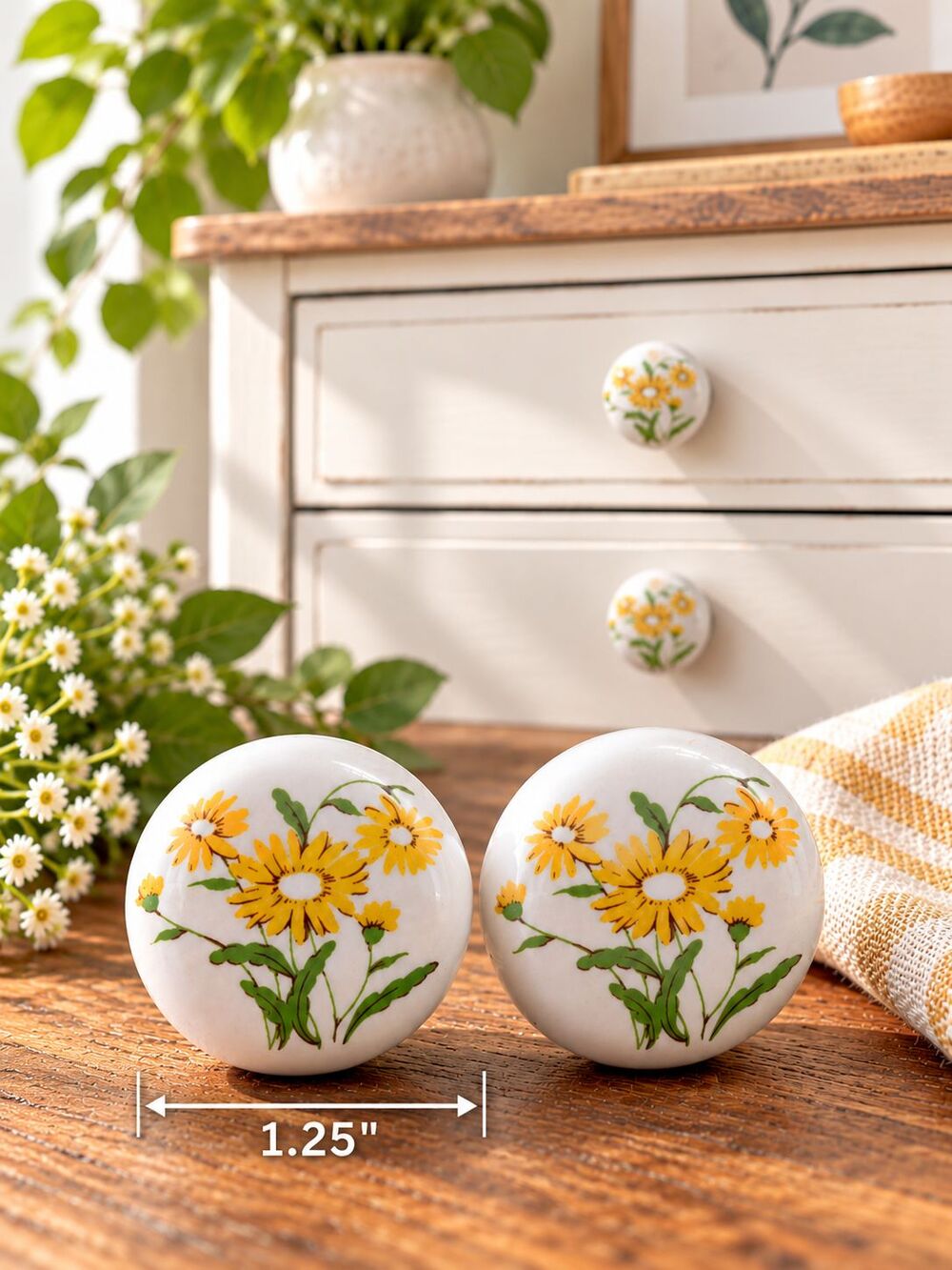 Vintage Ceramic Drawer Knobs Yellow Sunflower Cabinet Pulls 1.25" Set of 2